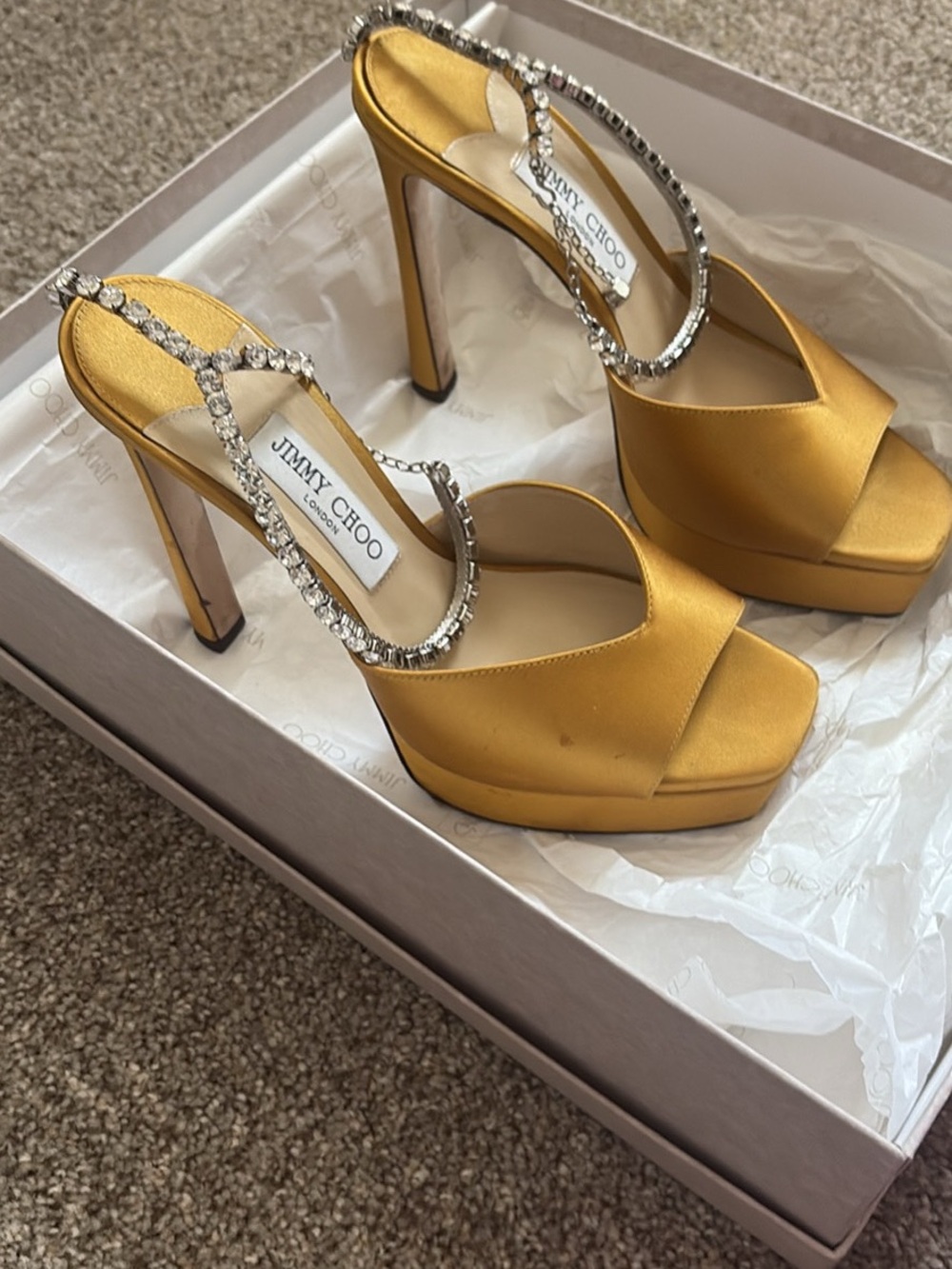Jimmy Choo Gold Satin Crystal T-Strap Stiletto Sandals - Picture 2 of 4